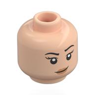Minifig Head Katie Bell, Black Eyebrows, Peach Lips, Smile / Scared, Silver Eyes Light Nougat