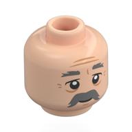 Minifig Head Grandpa Joe, Dark Bluish Grey Eyebrows, Moustache, Nougat Wrinkles, Tired / Happy Light Nougat