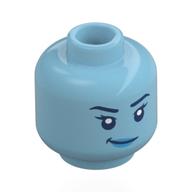 Minifig Head Margo Kess, Dark Blue Eyebrows, Eyes, Blue Lips, Smirk / Scared Mittelazur