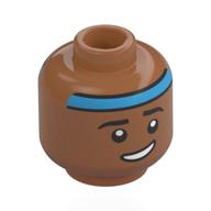 Minifig Head Pavitr Prabhakar, Eyebrows, Blue Head Band, Lopsided Grin, Raided Eyebrow / Angry Scowl Sienna Brown