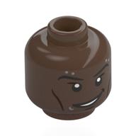 Minifig Head Hobie Brown, Eyebrows, Silver Piercings, Lopsided Smile / Raised Eyebrow Umber Brown