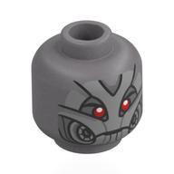 Minifig Head Ultron, Droid Head, Armor Plating, Red Eyes Flat Silver