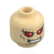 Minifig Head Hobgoblin, Dark Tan Lines, Big Red Eyes, Sharp Teeth, Mean Grin / Open Mouth, Raised Eyebrow Beige