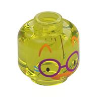 Minifig Head Dark Purple Glasses, Orange Nose, Medium Azure Whiskers, Orange Eyebrows Trans-Yellow