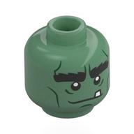 Minifig Head Frankenstein's Monster, Thick Black Eyebrows, Dark Green Lines, Loose Tooth Sand Green
