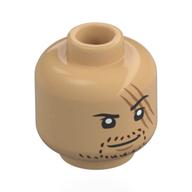 Minifig Head Shanks, Dark Red Stubbled Beard, Large Scar, Raised Eyebrow Smirk / Angry Warm Tan