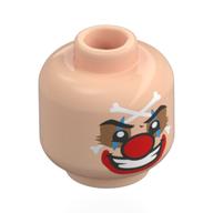 Minifig Head Buggy, Nougat Eyeshadow, Red Clown Nose, Red Lips, White Crossed Bones on Forehead, Mean Smile / Crying Light Nougat