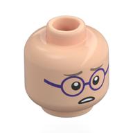 Minifig Head Koby, Dark Tan Eyebrows, Dark Purple Glasses, Open Mouth Smile / Worried Hellnougat