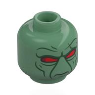 Minifig Head Solitus, Alien, Red Eyes, Dark Green Lines, Big Nose Sand Green