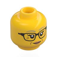 Minifig Head Lina Brickle, Light Bluish Grey Eyebrow, Wrinkles, Nougat Lips, Black Glasses/Sunglasses Gelb