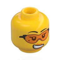 Minifig Head Jenny Brickle, Black Eyebrows, Beauty Mark, Orange Lips, Safety Glasses, Smile / Dark Bluish Grey Stain, Surprise Yellow