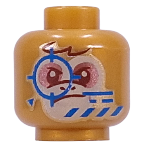 Minifig Head Albert, Tan Face, Medium Nougat Eyeshadow, Queasy / Determined, Blue Crosshairs print Perlgold