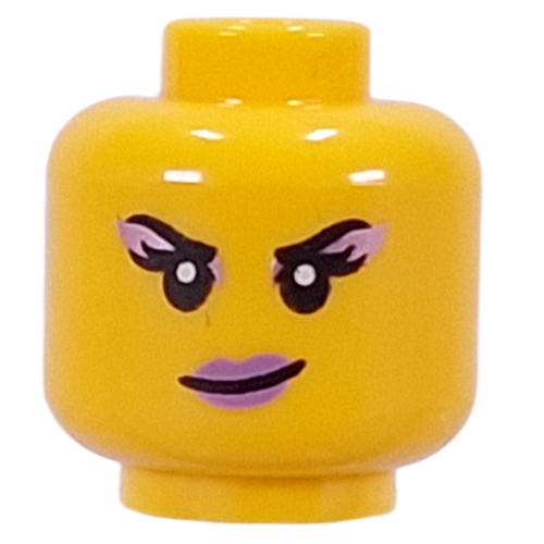 Minifig Head Zoey, Big Eyelashes, Lavender Lips, Smirk / Open Mouth Smile Yellow