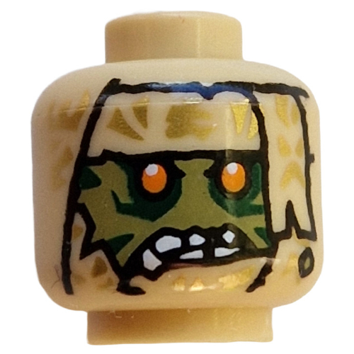 Minifig Head Kur, Bandages, Olive Green Face, Yellow Eyes, Crooked White Teeth, Grin, Light Bluish Grey Ponytail Tan