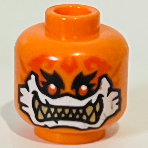 Minifig Head Rox, Thick Black Eyebrows, Orange Eyes, Big White Mouth, Tan Sharp Teeth, Angry Orange