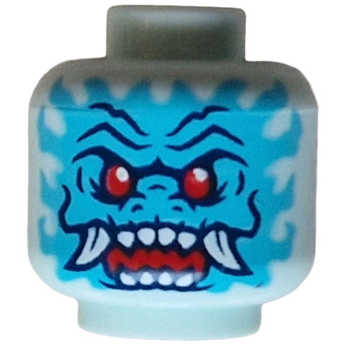 Minifig Head Spectral Dragonian Warrior, Medium Azure Face, Dark Blue Lines, Red Eyes, White Fangs, Red Mouth, Medium Azure/Red Shapes in Back Light Aqua