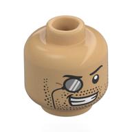 Minifig Head Professor Moriarty, Black Eyebrows, Monocle, Stubbled Beard, Mean Grin Warm Tan