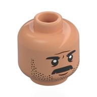 Minifig Head Reuben Delgado, Black Eyebrows, Moustache, Stubbled Beard, Stern/Scared Nougat