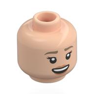 Minifig Head Dr. Ellie Sattler, Dark Brown Eyebrows, Peach Lips, Open Mouth Smile/Black Sunglasses, Surprised Light Nougat