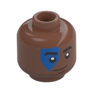Minifig Head Varl, Black Eyebrows, Blue Shape over Right Eye, Smile/Angry Medium Brown