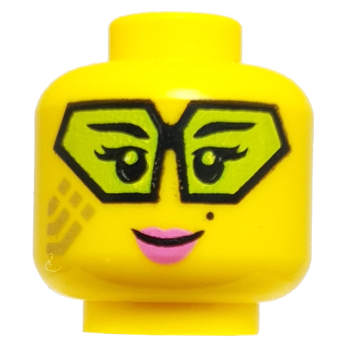Minifig Head Dr. LaRow, Gold Circuitry, Lime Hexagonal Glasses, Pink Lips, Smile/Snarl Yellow