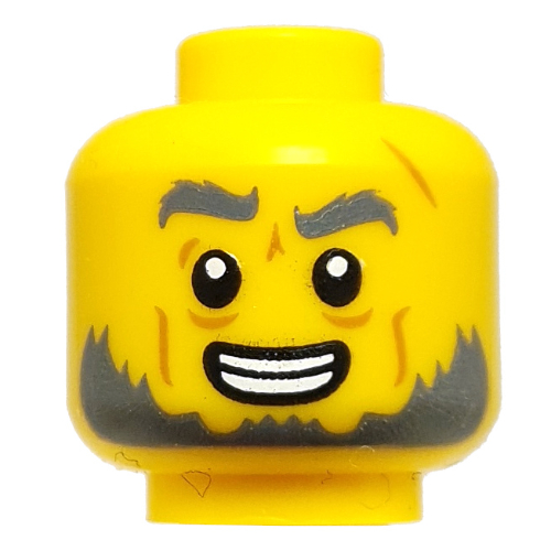 Minifig Head Twitchy Tim, Dark Bluish Grey Eyebrows, Beard, Smile, Raised Eyebrow / Scared Yellow