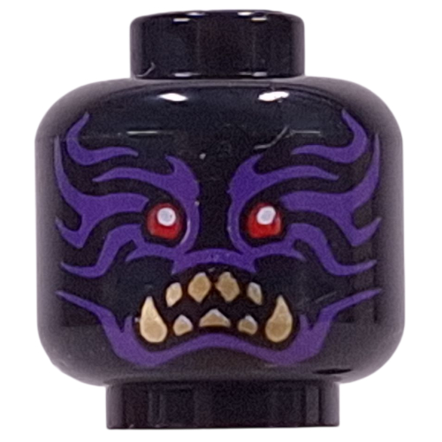 Minifig Head Zarkt, Red Eyes, Dark Tan Sharp Teeth, Fangs, Dark Purple Markings, Closed Mouth / Open Mouth Schwarz