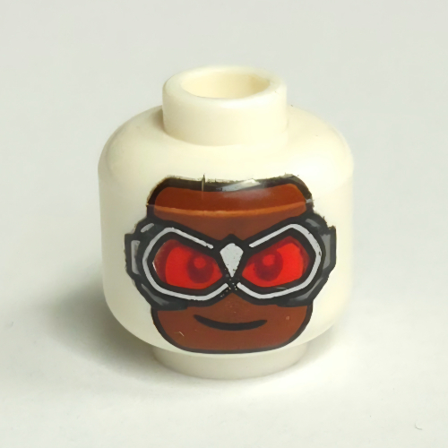 Minifig Head Sam Wilson, Mask, Reddish Brown Face, Silver Goggles, Red Lenses White