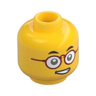 Minifig Head Mr. Tang, Thick Eyebrows, Red Glasses, Crooked Smile, Teeth Gelb