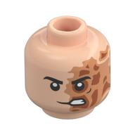 Minifig Head Two-Face, Black Eyebrows, Nougat/Dark Orange Burned Left Side, Lopsided Scowl Hellnougat