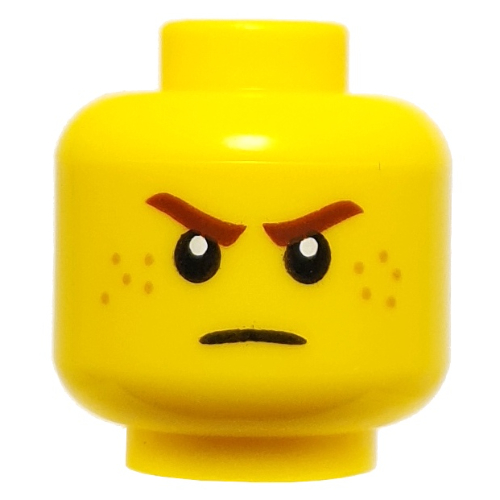 Minifig Head Rogue, Dark Red Eyebrows, Freckles, Angry Stare Yellow