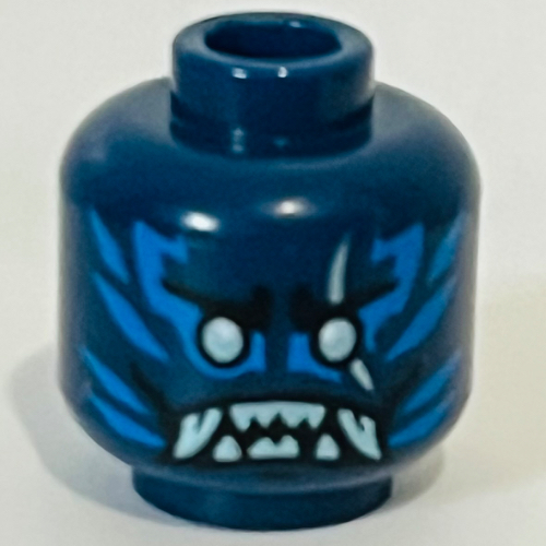 Minifig Head Nokt, Blue Markings, Silver Eyes, Scar, Silver Sharp Teeth, Fangs Dark Blue