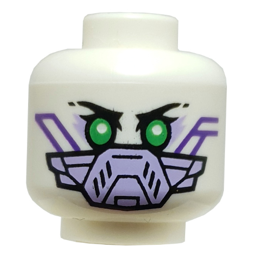 Minifig Head PIXAL, Green Eyes, Black Eyebrows, Dark Purple Circuitry, Smile / Lavender Breathing Mask Weiß