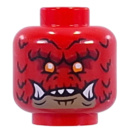 Minifig Head Dragonian Scout, Dark Red Scales, Orange Eyes, Dark Tan Mouth, White Fangs Red