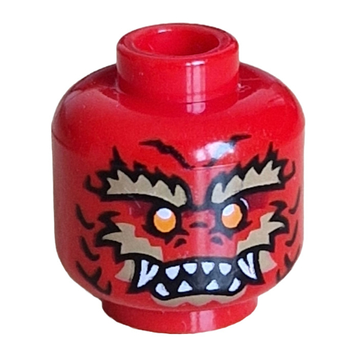 Minifig Head Dragonian Warrior, Dark Red Scales, Orange Eyes, Dark Tan Eyebrows, Facial Hair, White Fangs, Flames on Back Red