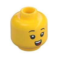 Minifig Head, Black Eyes, Eyelashes, Open Mouth Smile, Dark Turquoise Hearing Aid Yellow