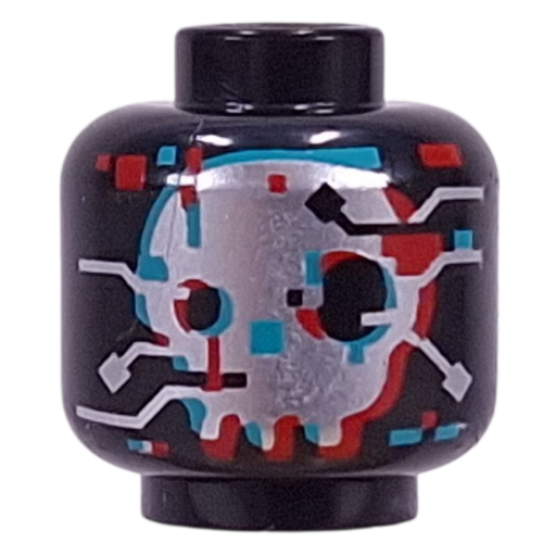 Minifig Head D-Shock, Silver Skull with Red/Dark Turquoise Distortion, Circuitry Schwarz