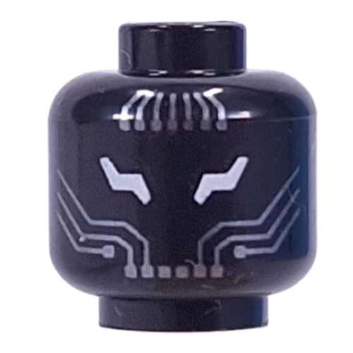 Minifig Head with Silver Eyes, Circuitry print Black