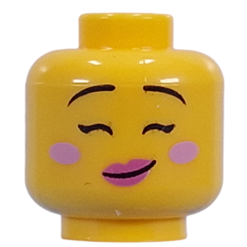 Minifig Head Thin Black Eyebrows, Bright Pink Cheeks, Dark Pinks Lips, Open Mouth Crookes Smile/Close Eyes, Crooked Smile Yellow
