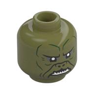 Minifig Head Kithaba , Dark Green Lines, Dark Bluish grey Eyeshadow, Flat Nose, White Sharp Teeth Olive Green