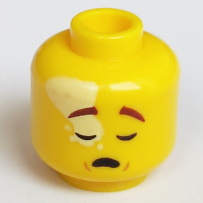 Minifig Head Mateo, Bright Light Yellow Spot over Eye, Reddish Brown Eyebrows, Open Mouth Grin / Asleep Print Gelb