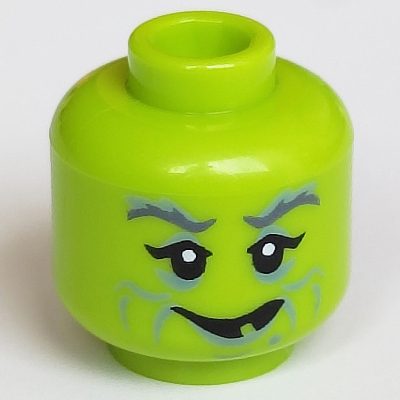 Minifig Head Witch, Sand Green Wrinkles, Thick Eyebrows, Smile with One White Tooth Limette