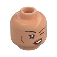 Minifig Head Halfling Druid, Thin Black Eyebrows, Peach Lips, Lopsided Smile, Wink/Smirk Nougat
