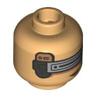 Minifig Head KB, Dark Brown Eyebrows, Nougat Lips, Squint/Silver Visor, Smirk Warm Tan
