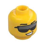 Minifig Head, Silver/Dark Bluish Grey Big Sunglasses, Lobsided Smile Yellow