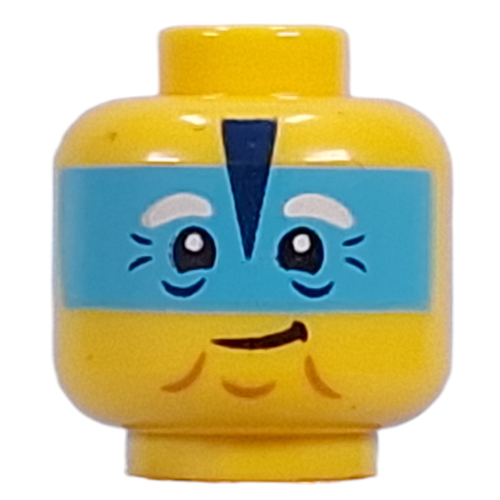 Minifig Head Mrs. Castillo, Medium Azure Mask, White Eyebrows, Wrinkles, Closed Mouth Smile/Open Mouth Smile, Close Eyes Yellow