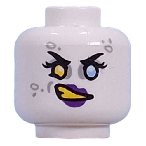 Minifig Head Doey, Yellow Left, Bright Light Blue Right Eye, Light Bluish Grey Eyeshadow, Spots, Dark Purple Lips, Yellow Teeth, Angry Grin/Smile White