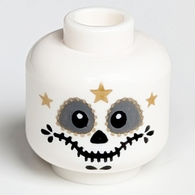 Minifig Head Skeleton, Catrin/Mariachi, Dark Bluish Gray Round Eyes, Gold and Black Decorations Print White