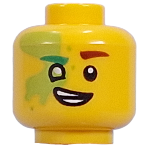 Minifig Head Mateo, Lime Spot over Eye, Green Left, Dark Red Right Eyebrow, Lime Left Eye, Open Mouth Lopsided Smile/Lopsided Grin Gelb