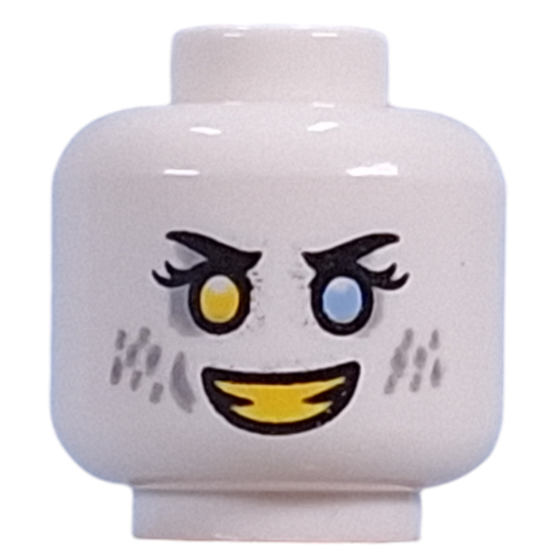 Minifig Head Dizzy, Yellow Left, Bright Light Blue Right Eye, Light Bluish Grey Eyeshadow, Spots, Yellow Teeth, Mean Smile/Angry Grin Weiß